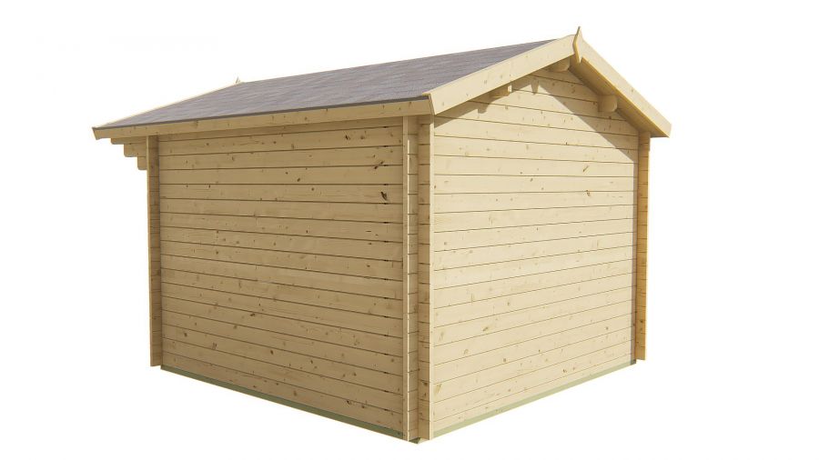 Seitliche Ansicht von Hinten Gerätehaus Gartenhaus Albacete 28mm 300x300cm + 70cm Vordach