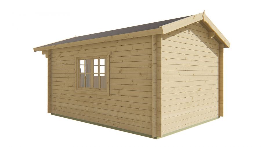 Seitliche Ansicht von Hinten Gartenhaus Pamplona 34mm 300x400 + 70cm Vordach