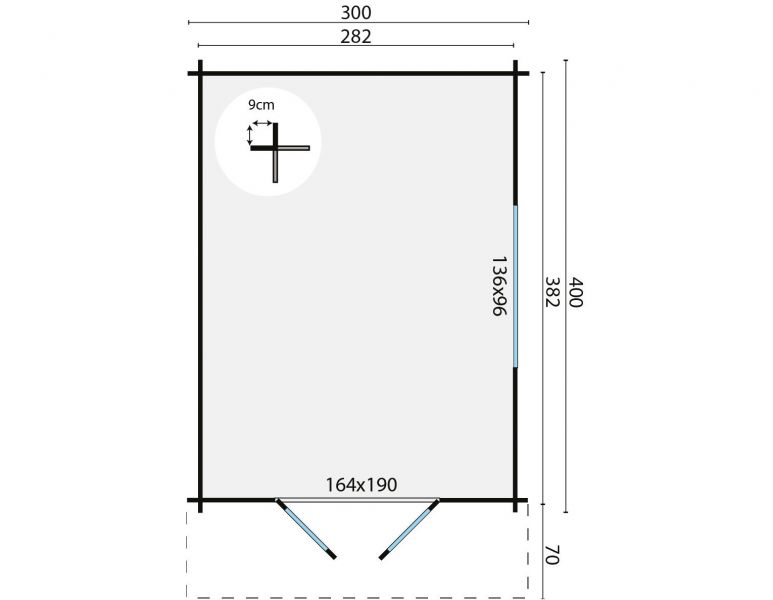 Grundriss Gartenhaus Pamplona 34mm 300x400 + 70cm Vordach
