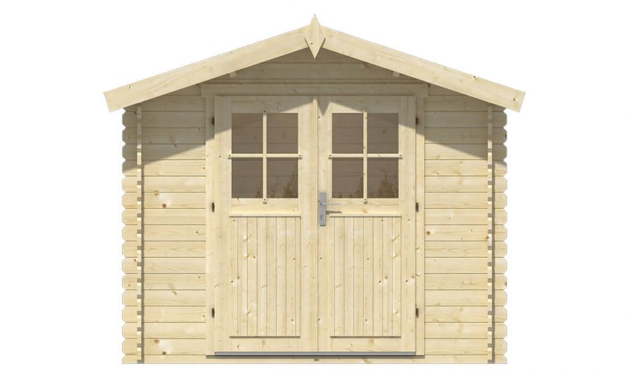 Ansicht Frontseite Gerätehaus Gartenhaus Robert 28mm 260x200cm + 30cm Vordach