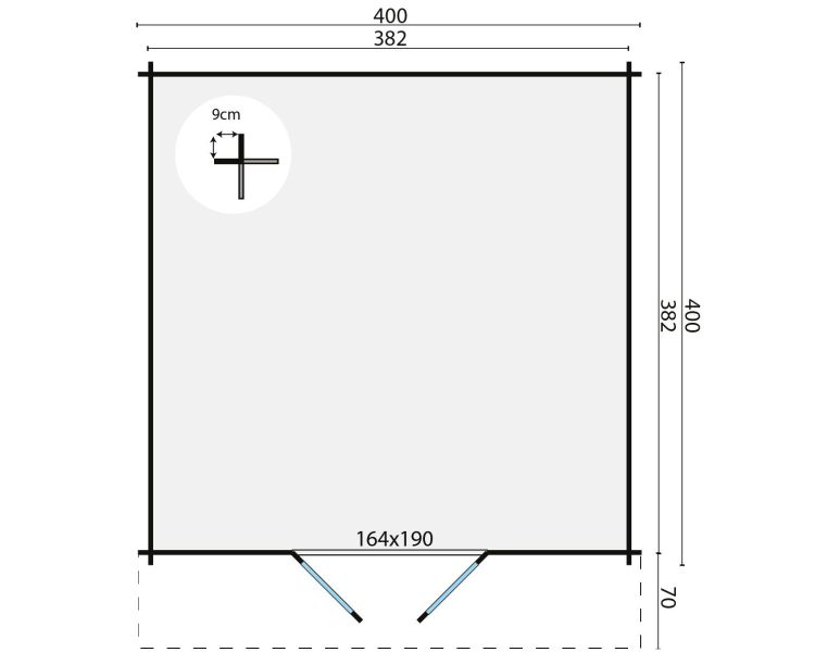 Grundriss Gerätehaus Gartenhaus Torrent 34mm | 400x400 + 70cm Vordach