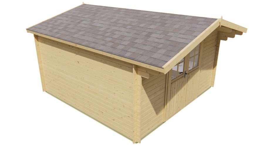 Seitliche Ansicht von Vorne Gerätehaus Gartenhaus Torrent 34mm | 400x400 + 70cm Vordach