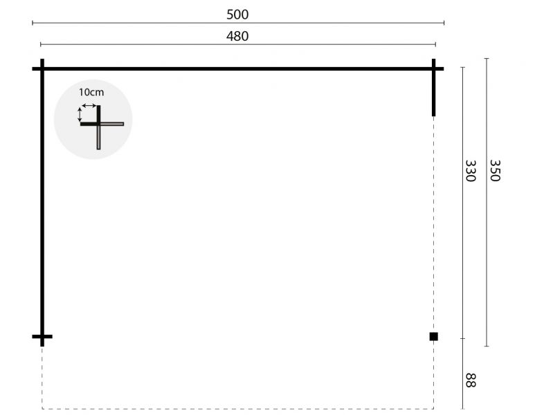 Grundriss Remise Gartenhaus Thüringen 44mm 500x350cm + 88cm Vordach
